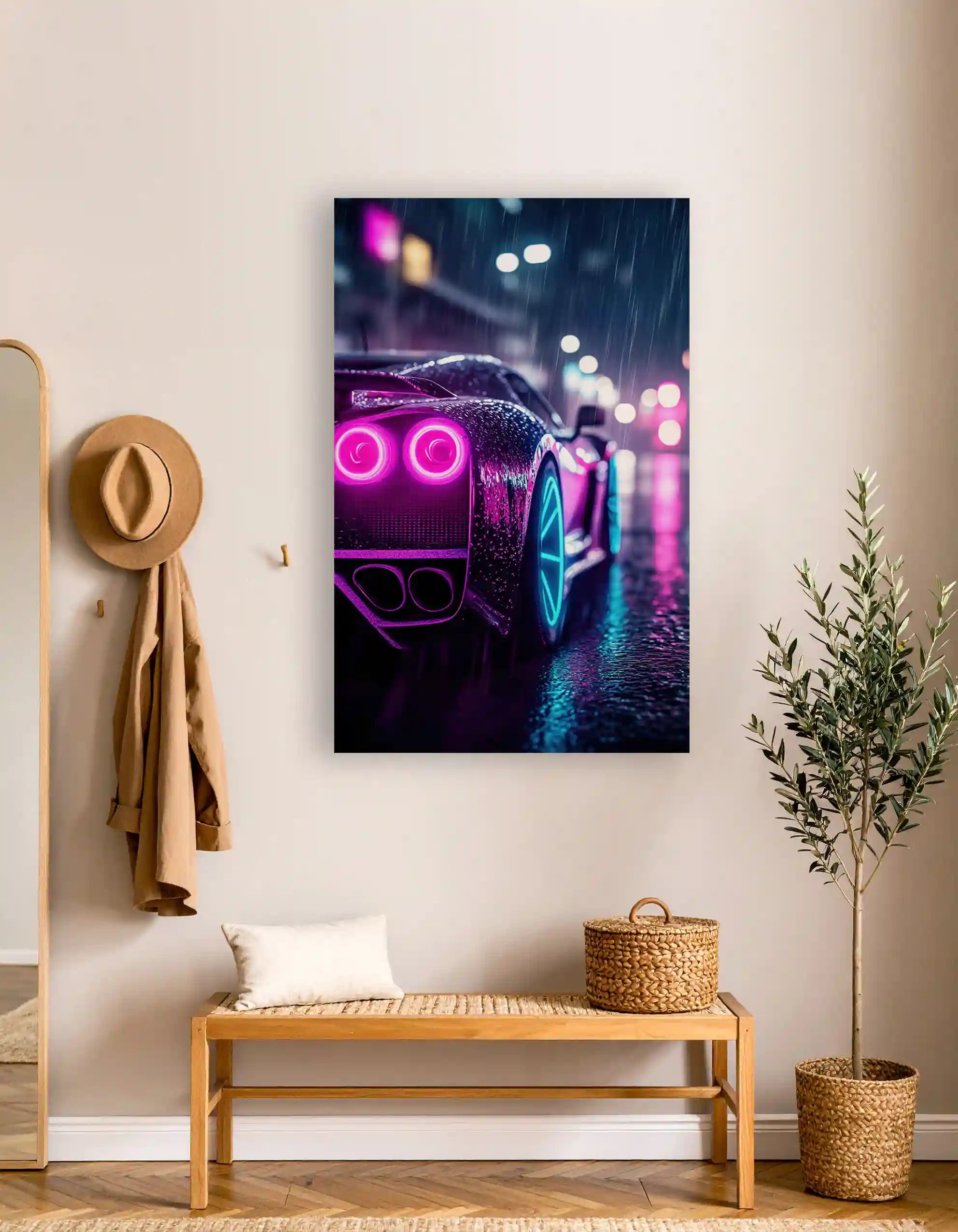 et akustikbillede fra InEx World Of Art med en sportsbil med neon farver på.
Som hænger i en entre.