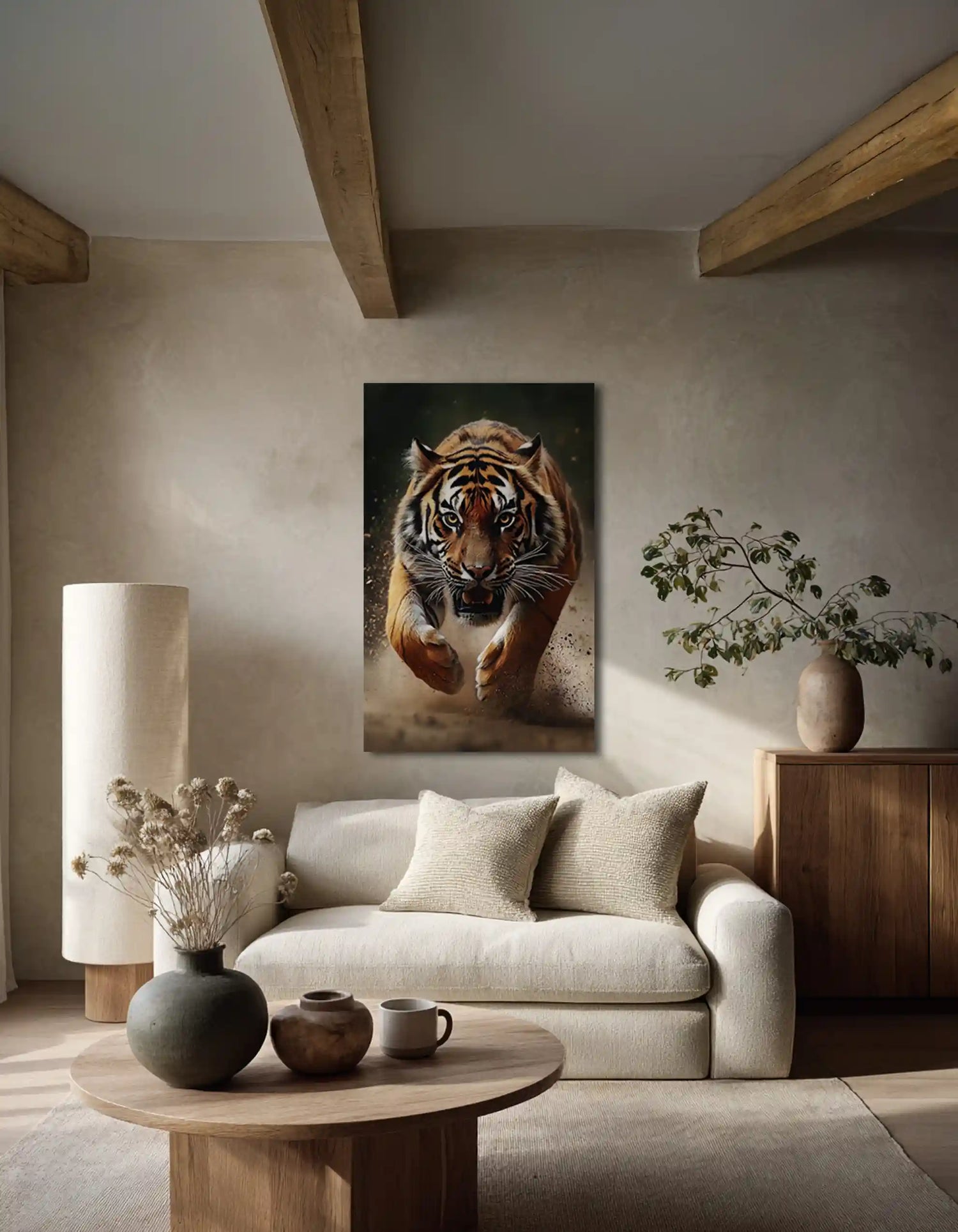Et akustikbillede fra InEx World OF Art hængende i en rustik stue.
Akustikbillede med motiv af en tiger.