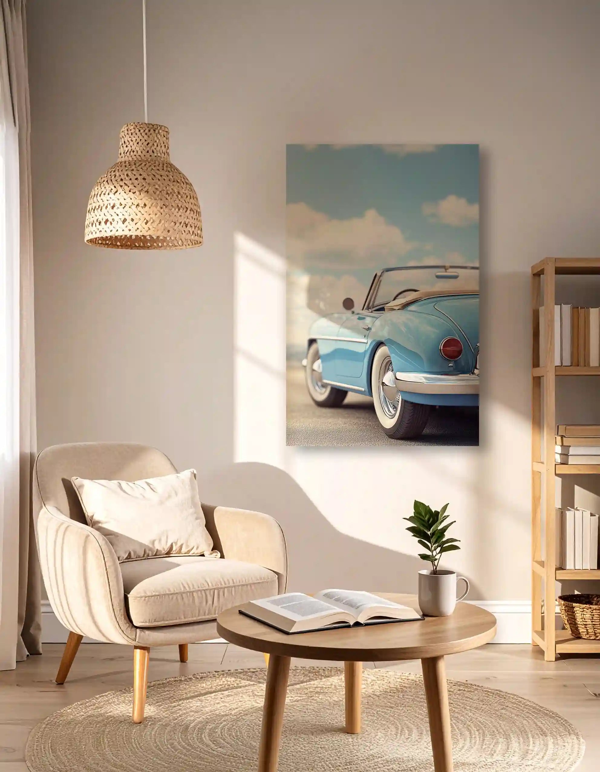 Et InEx World Of Art akustikbillede af en gammel blå veteran cabriolet. Hængende i en hjørne af en stue.