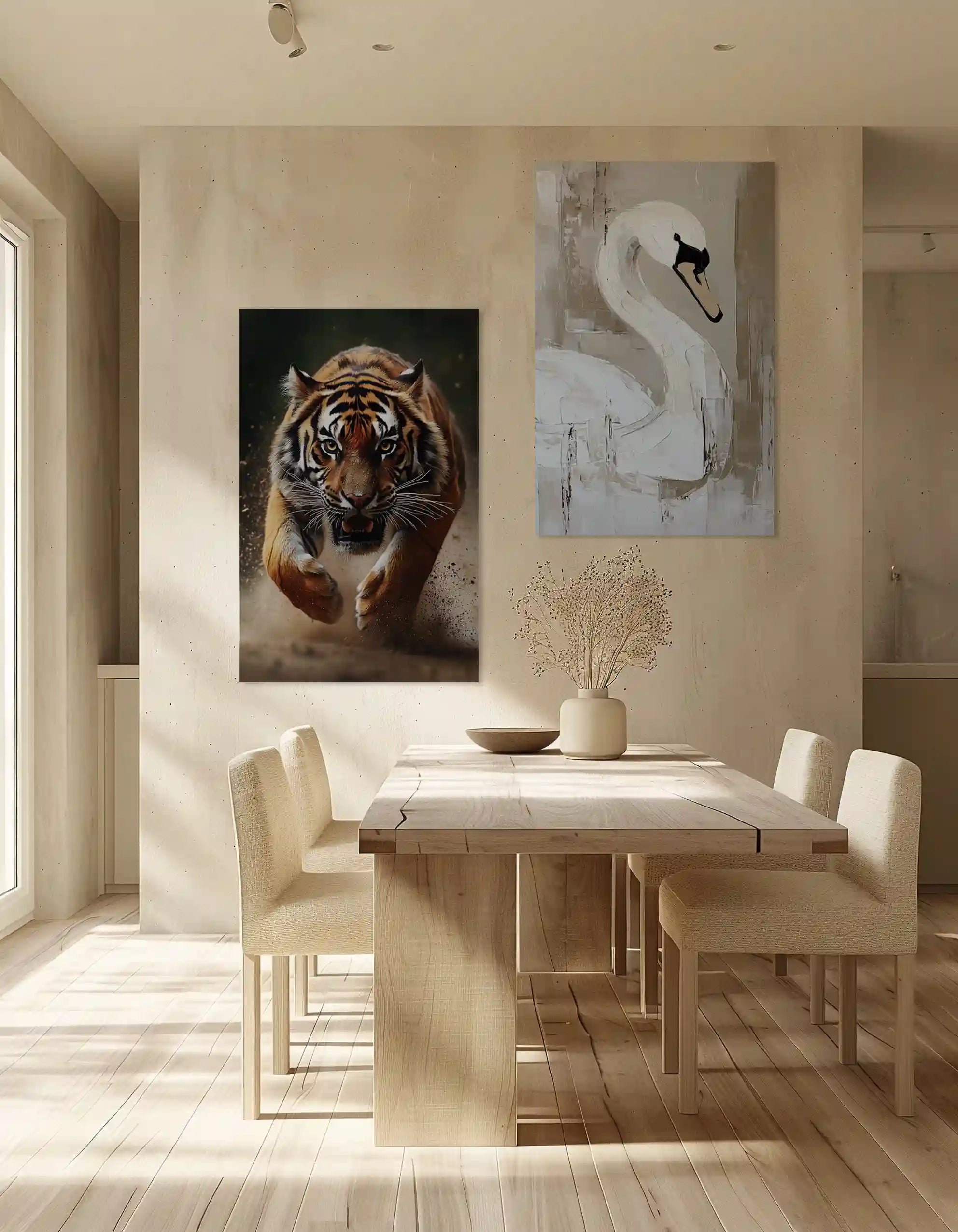 to akustikbilleder fra InEx World Of Art med print af en tiger og en svane. Akustikbillederne er ophængt i en spisestue.