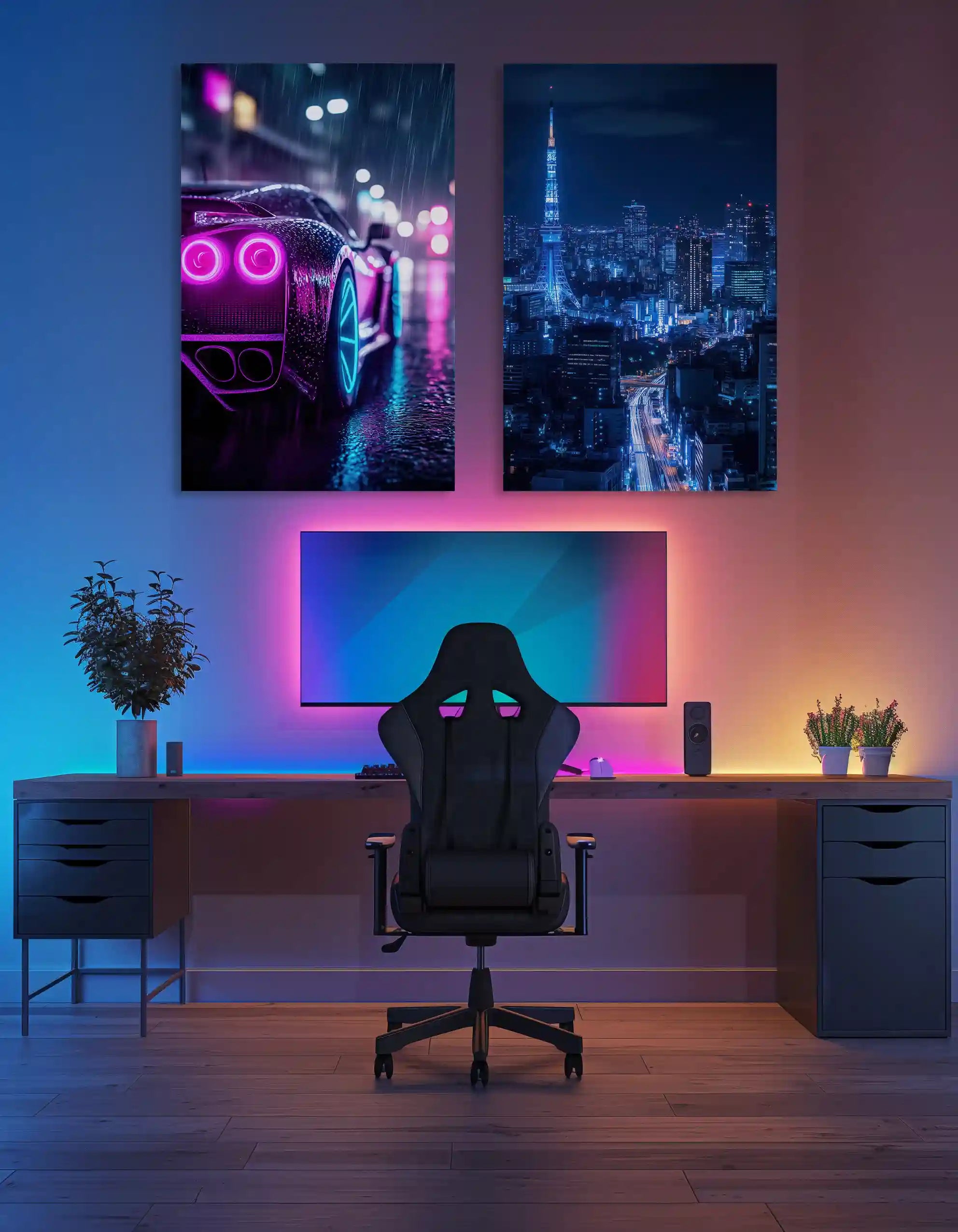 Akustikpaneler fra inex world of art i et gamer værelse.
Designet på akustikpanelerne brugt er Neon Skyline og Tokyo Night.