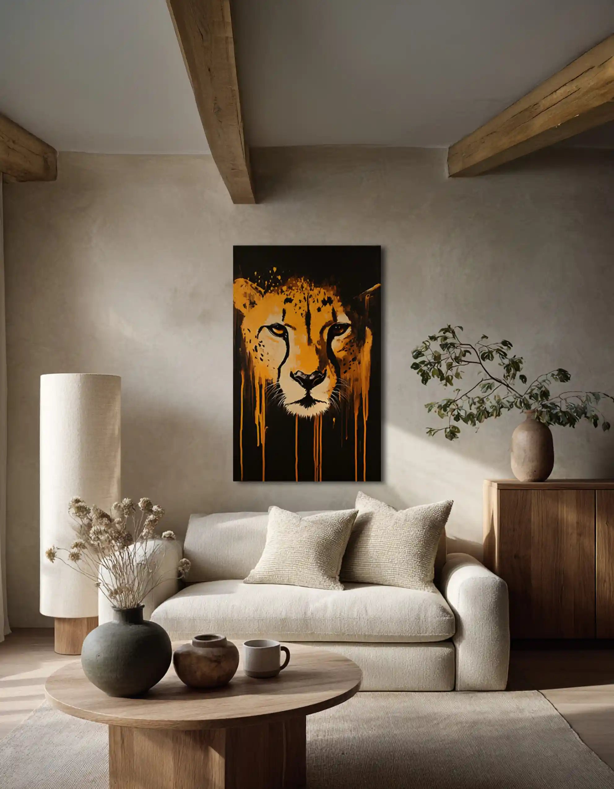 Et akustikbillede fra InEx World Of Art med  en leopard på. ophængt  en rustik stue