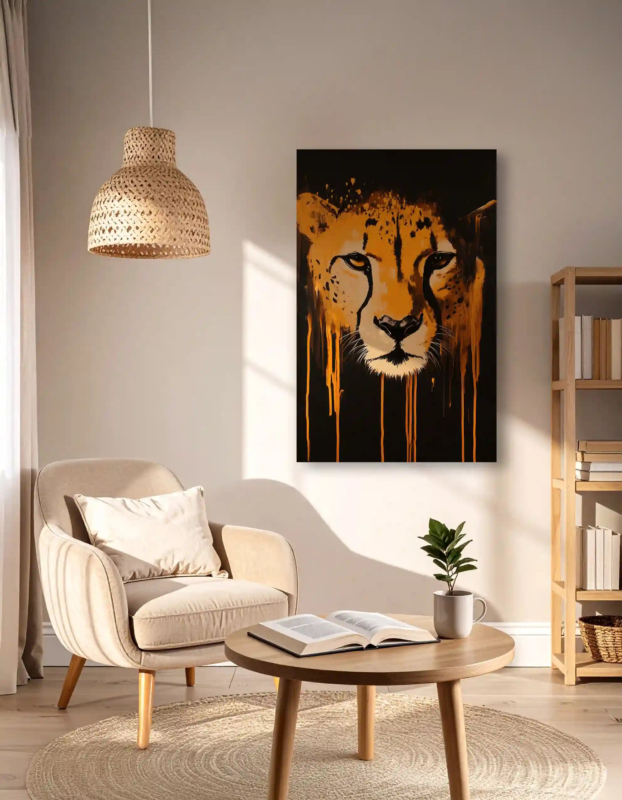 Et akustikbillede fra InEx World Of Art hængende i en stue, med et leopard print