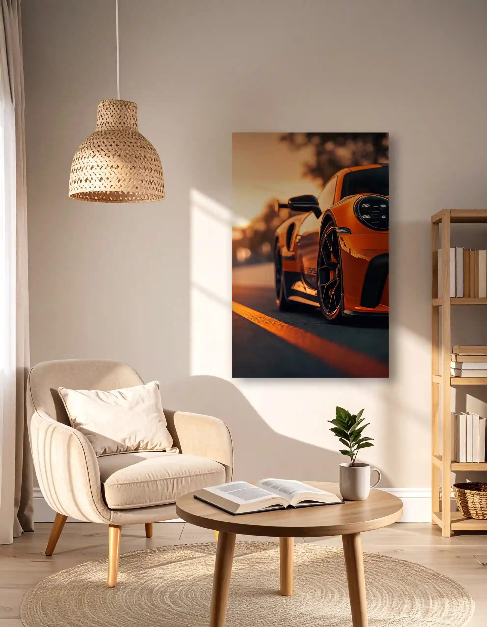 InEx World Of Art akustikbillede i hyggeligt stue hjørne. 

med akustikbillede hængende på væggen, md motivet Orange Sunset fra InEx World Of Art.