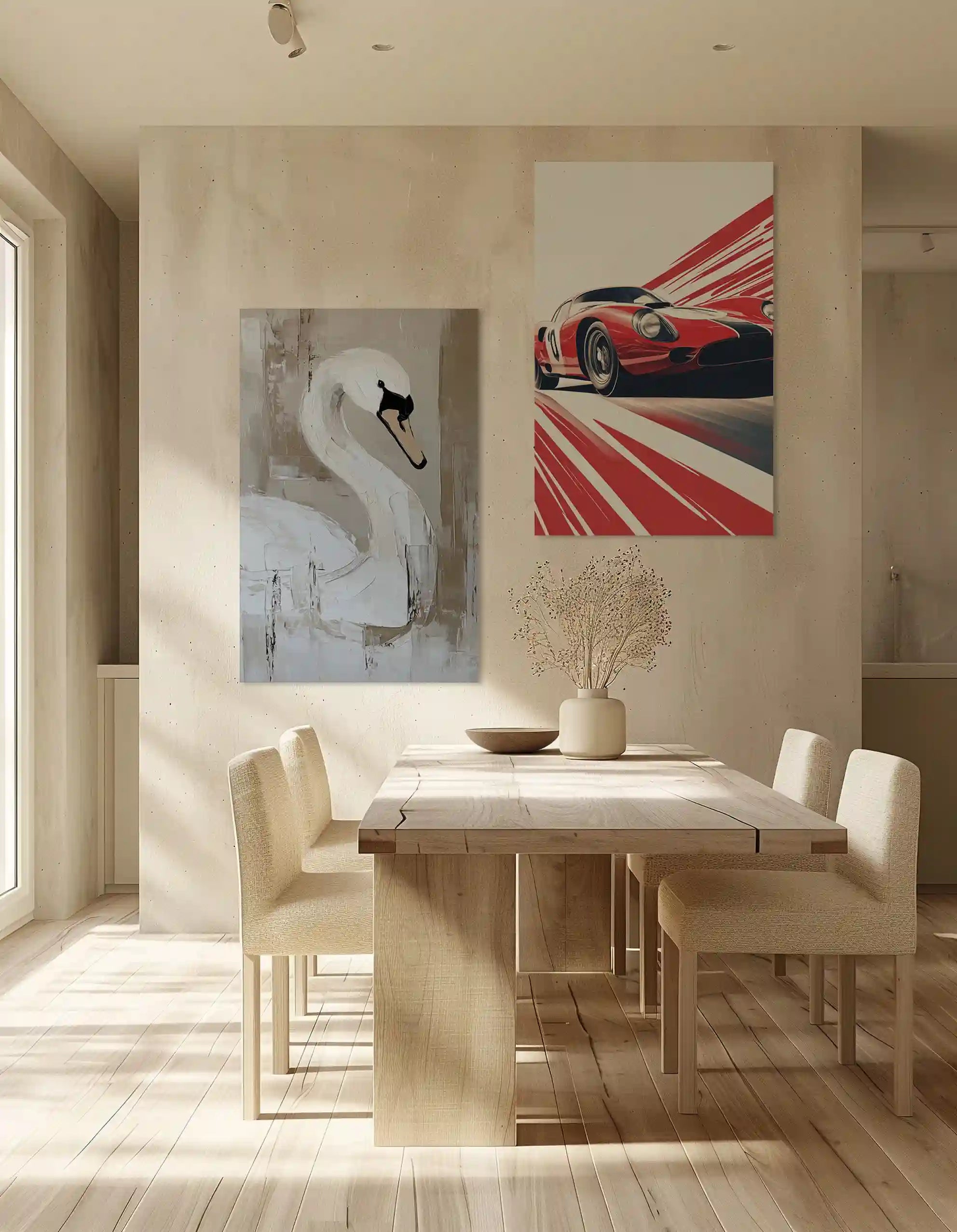 InEx World Of Art miljøbillede af to akustikbilleder.

To akustikbilleder med motiver af en elegant svane og et af en oldschool racerbil.