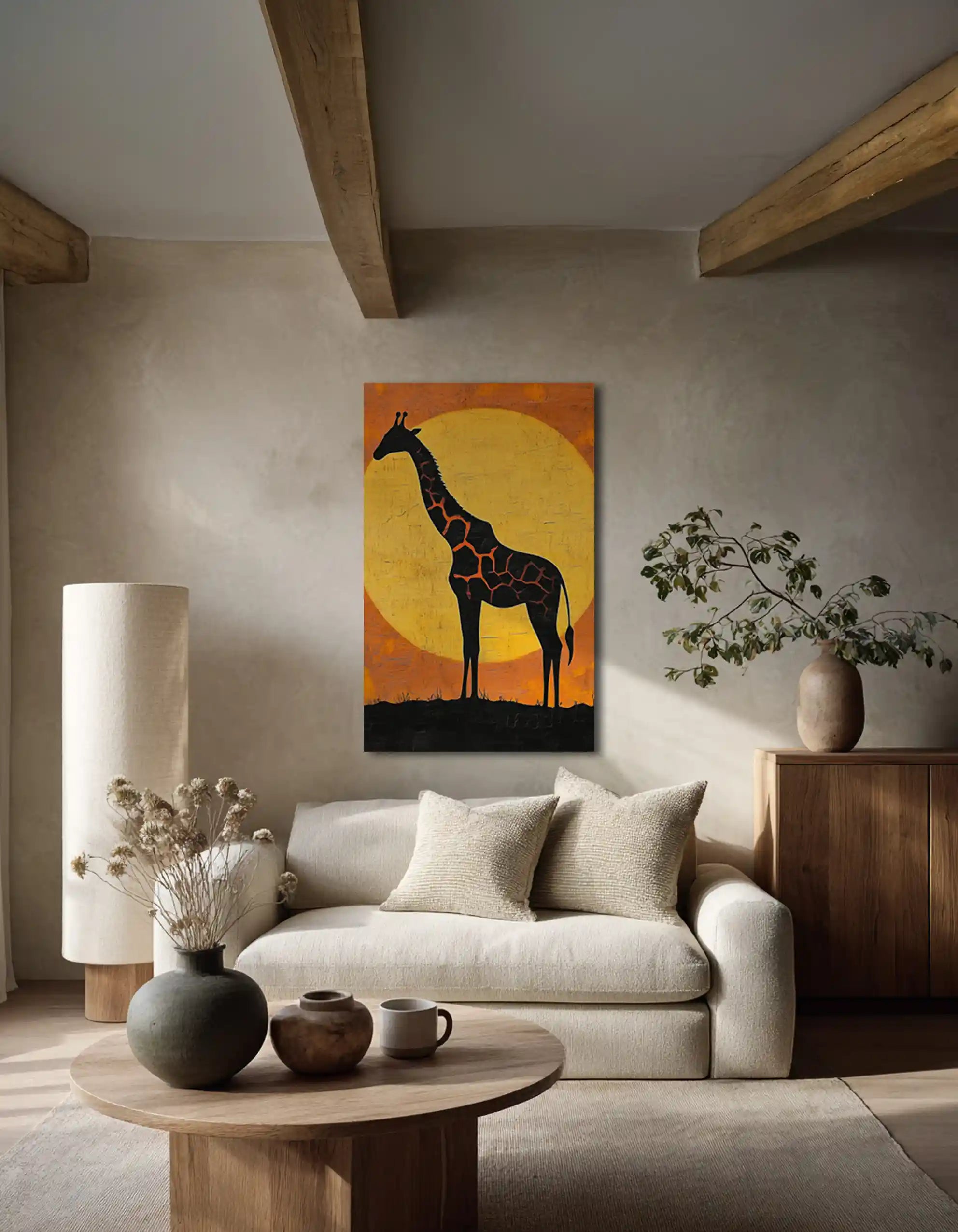 et inex world of art akustikbillede med print af en giraf i en rustik stue.