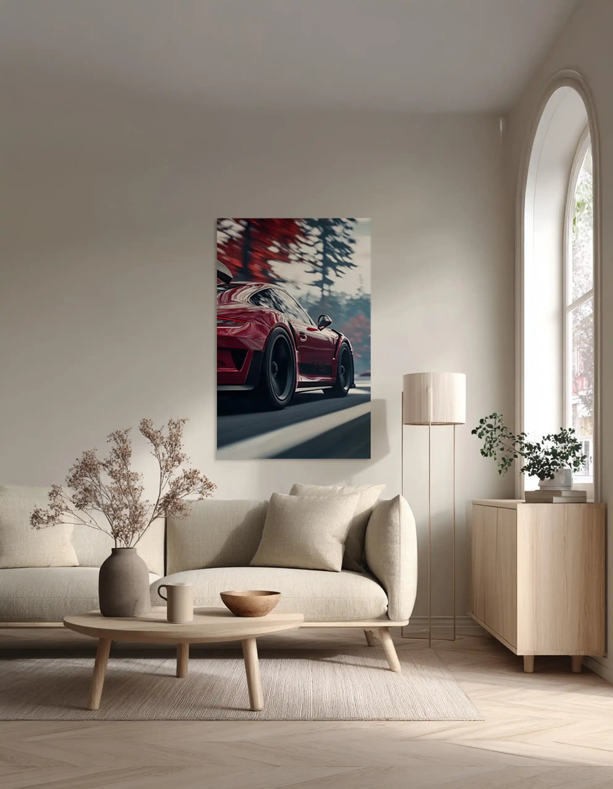 Inex World Of Art akustikbilleder miljøbillede med lysindfald fra højre med akustikpanel motivet crimson autumn